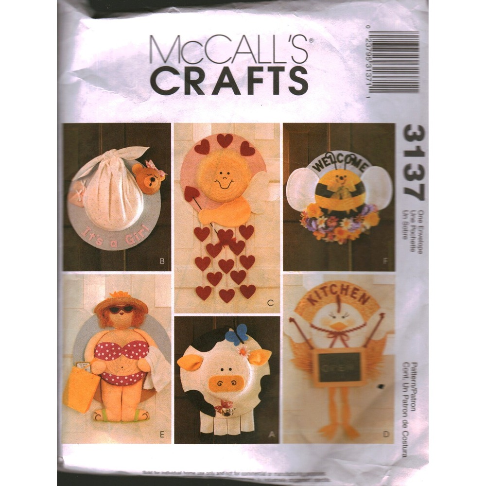 McCalls 3137 Straw Hat Wreaths Sewing Pattern Cow Bear Cupid Hen Bee Sun Bather